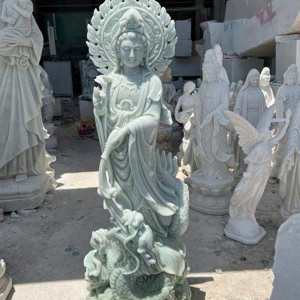 Mẫu tượng Phật Quan Âm bằng đá cẩm thạch trắng xanh cao 2 mét (QAD56)