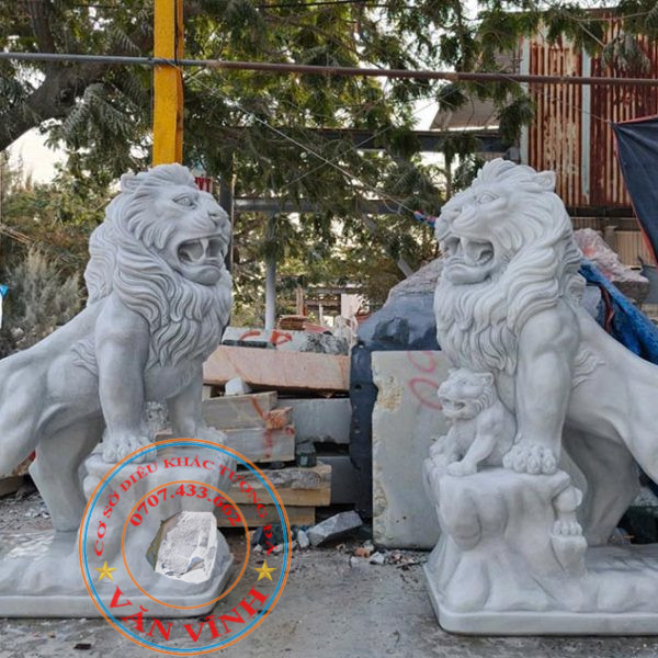 Cặp Sư Tử bằng đá cẩm thạch tự nhiên nguyên khối cao 1,6 mét (ST43)