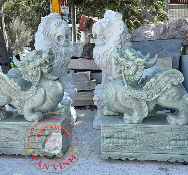 Tượng Tỳ Hưu để cổng bằng đá cẩm thạch xanh tự nhiên dài 1 mét (TH30)