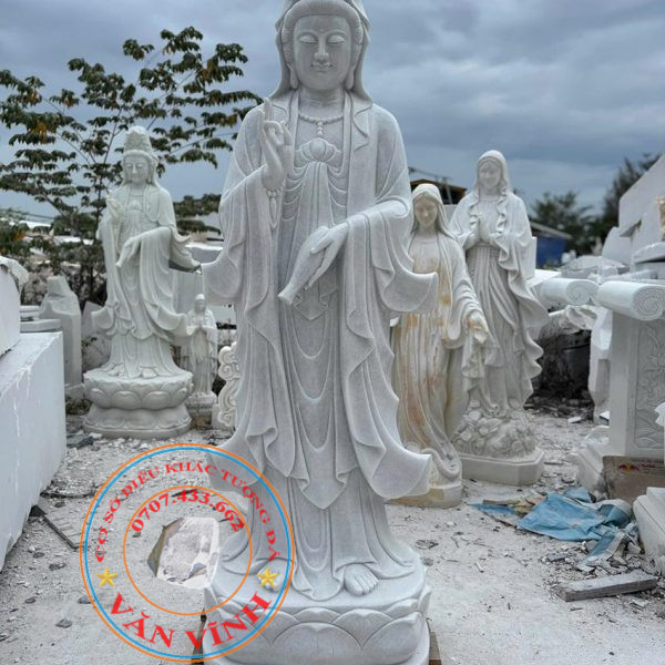 Tượng Phật Quan Âm bằng đá cẩm thạch trắng nguyên khối cao 2 mét (QAD57)