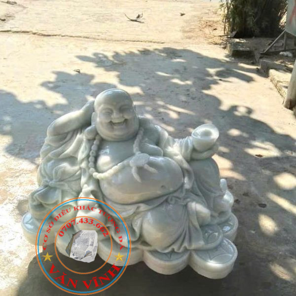 Tượng Phật Di Lặc bằng đá trắng xanh nguyên khối cao 50 cm (DL09))